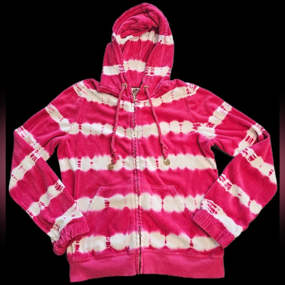 Y2K Juicy Couture Terry Cloth PINK Tie Dye Gold Zip Up Hoodie READ